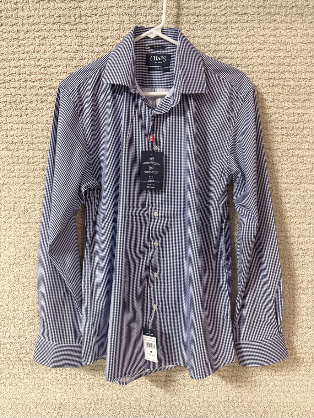 Chaps Men's Slim Fit Stretch Performance Check Dress Shirt Blue White Size M